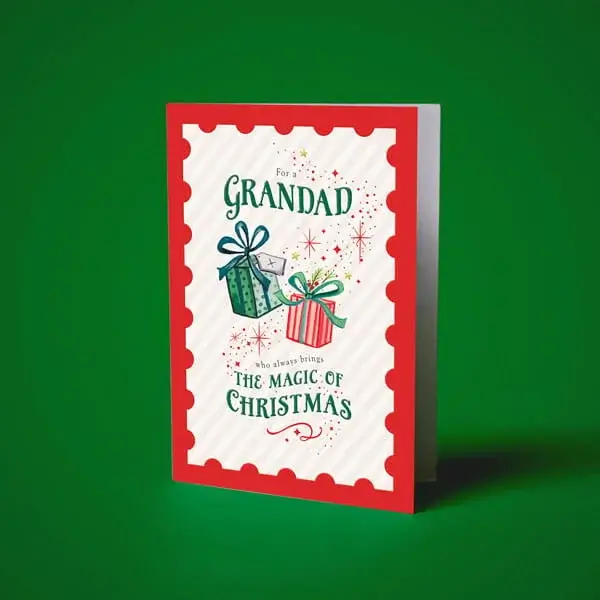 Christmas card for Grandad featuring illustrated gift boxes, festive sparkles, and seasonal typography with a red decorative border.